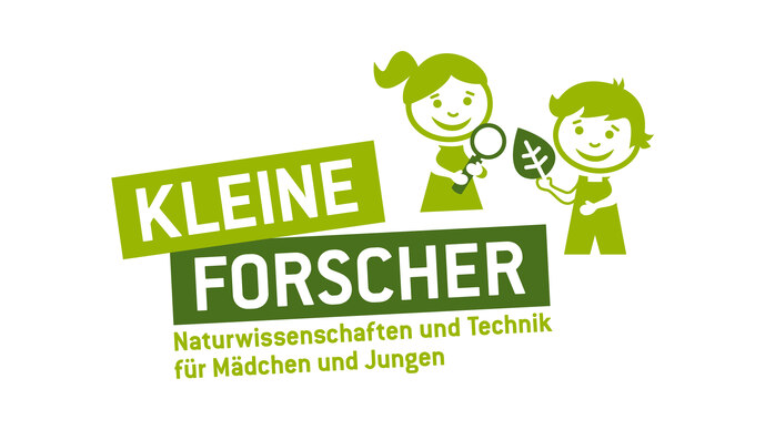 Logo vom Haus der kleinen Forscher mit zwei Kindern, die ein Blatt untersuchen.