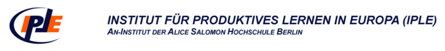 Logo mit der Aufschrift »Institut für Produktives Lernen in Europa (IPLE). An-Institut der Alice Salomon Hochschule Berlin.«