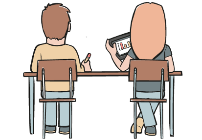 Illustration von einer Schülerin und einem Schüler von hinten an einem Tisch sitzend.