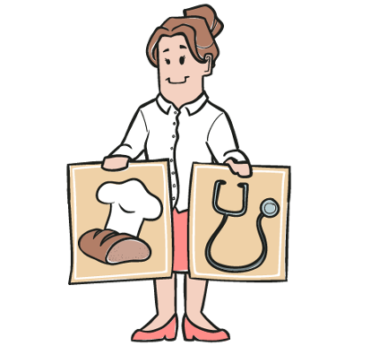 Illustration einer Frau, die zwei Bilder hält. Einmal mit einem Stethoskop und einmal mit einer Bäckermütze und Brot.