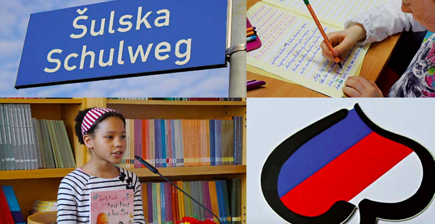 Bild von vier Fotos im Quader mit einem sorbischen Strassenschild, der sorbischen Flaggensymbolik, ein Kind, welches sorbisch schreibt und ein Kind in einem Klassenzimmer.