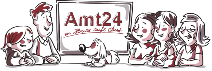 Illustration einer Familie mit Hund und einem Schild, darauf steht »Amt 24-zu Hause aufs Amt«.